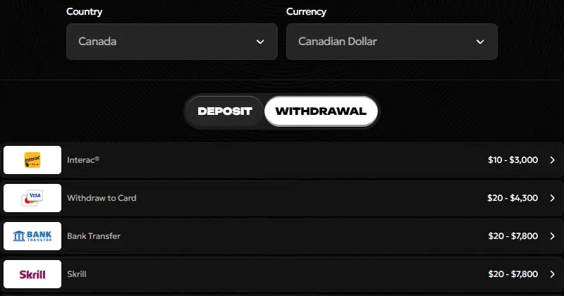 Spinsy payments page with Canada and Canadian Dollar selected, Withdrawal tab: Interac $10 to $3,000, card $20 to $4,300, bank transfer and Skrill $20 to $7,800